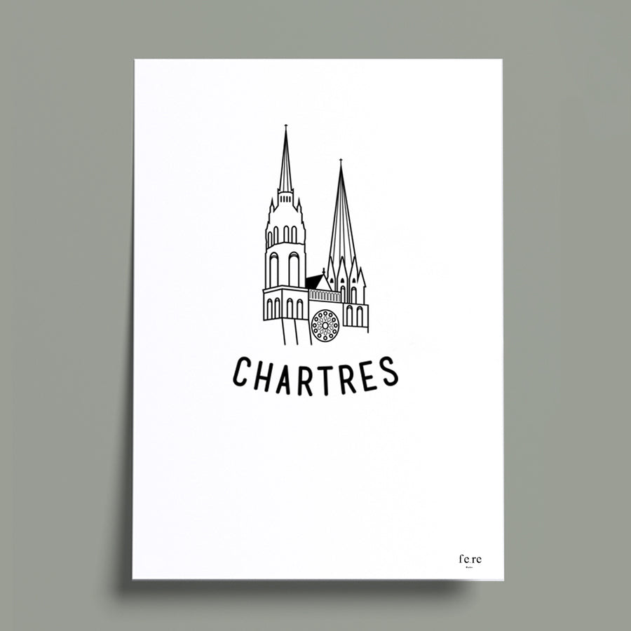 Affiche France, chartres, cathedrale - Fere, illustration et décoration en noir et blanc