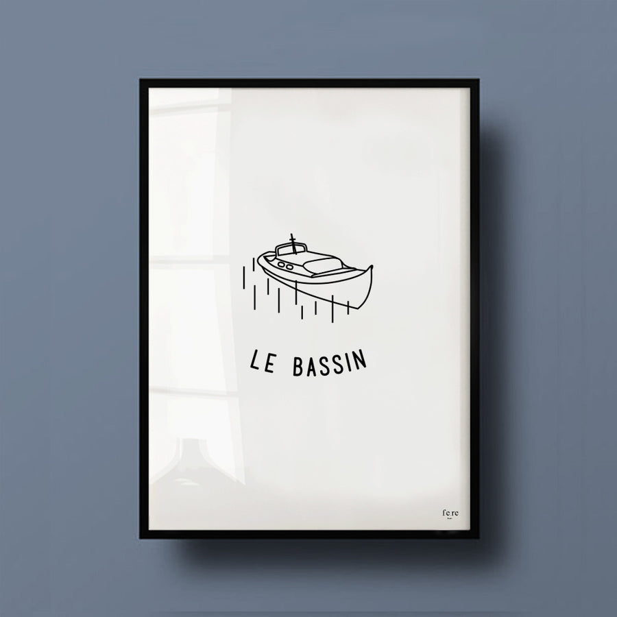 Affiche France, Le bassin pinasse Fere, illustration et décoration en noir et blanc