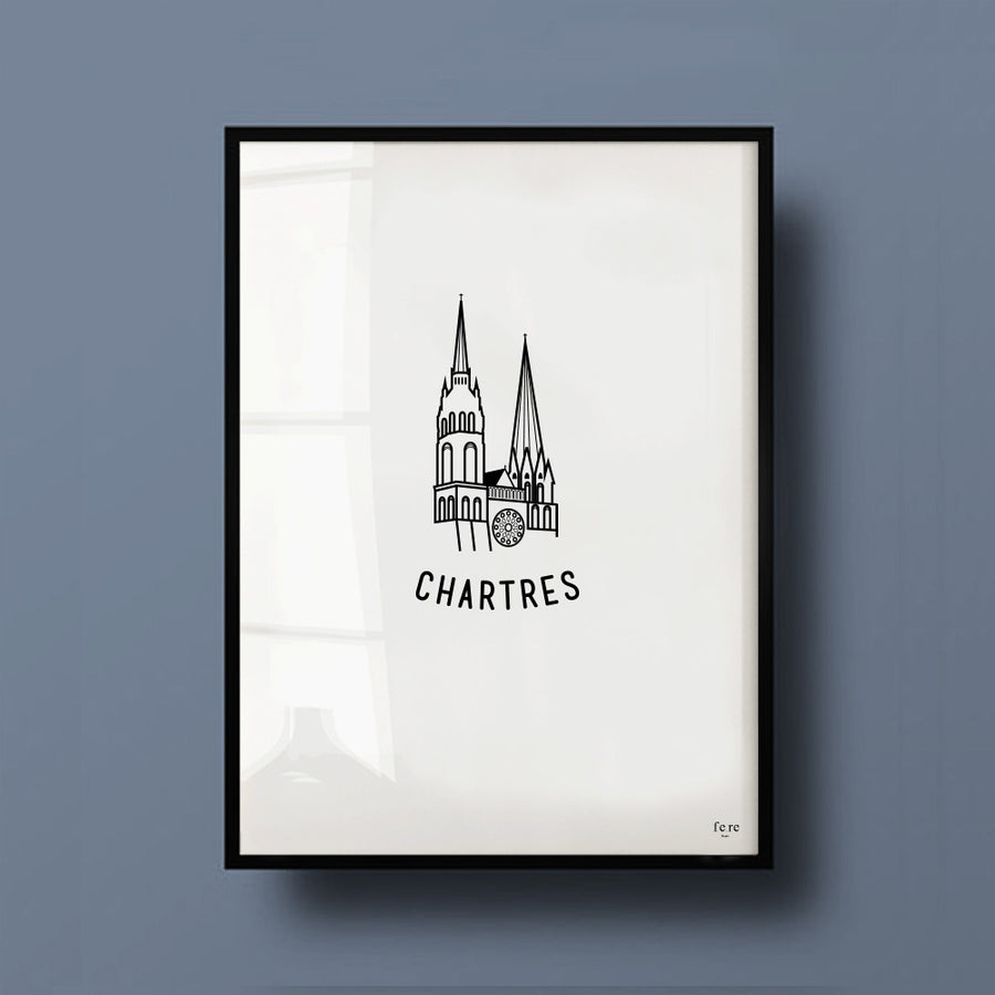 Affiche France, chartres, cathedrale - Fere, illustration et décoration en noir et blanc