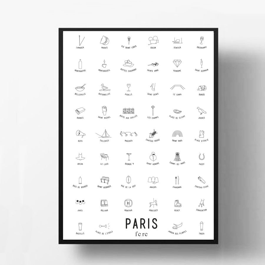 Affiche multi-quartiers Paris - Fere, illustration et décoration en noir et blanc