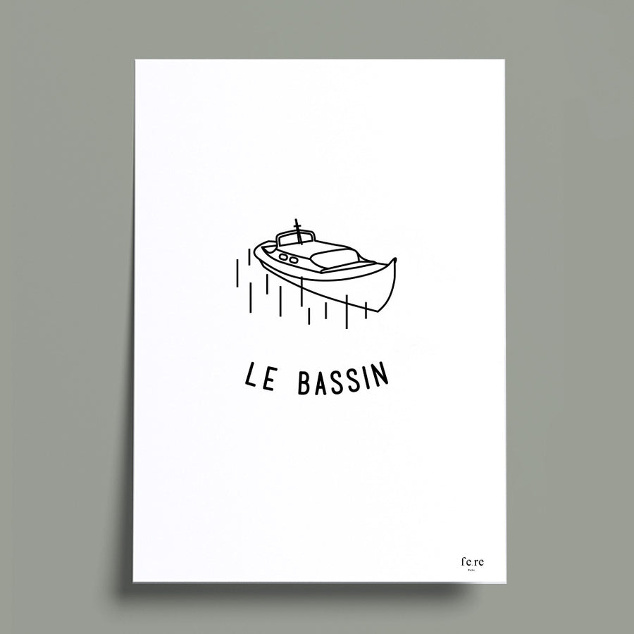 Affiche France, Le bassin pinasse Fere, illustration et décoration en noir et blanc