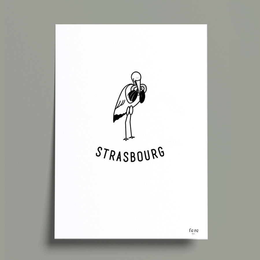 Affiche France, Strasbourg - Fere, illustration et décoration en noir et blanc cigogne